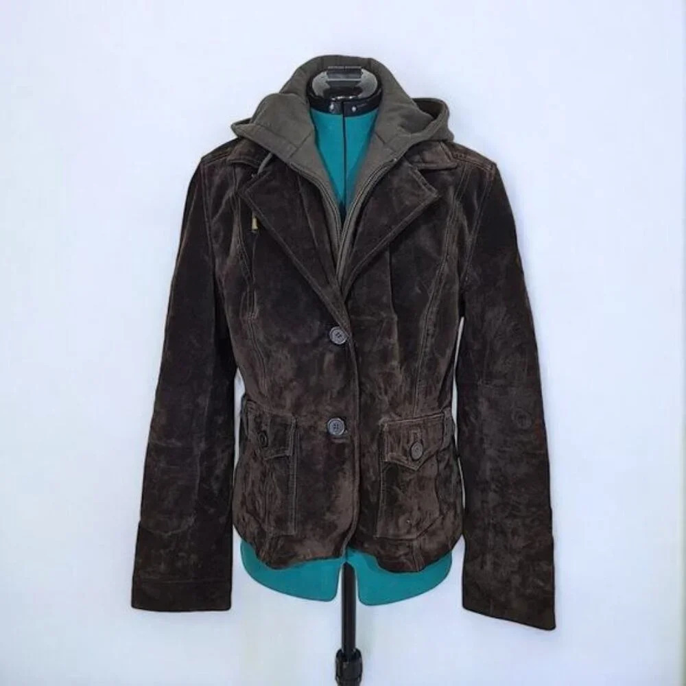 Cruze Brown‎ Suede Leather Jacket with Removable Hoody - Size Large